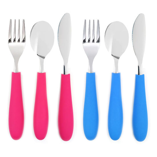 Picture of Elk and Friends Kids Silverware with Silicone Handle | Childrens Safe Flatware | Kids Utensils | Spoon + Fork + Knife set | 4 years+ | 6 Pieces