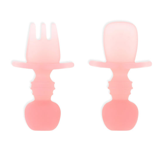 Picture of Bumkins Baby Utensils Set, Chewtensils Silicone Spoons for Dipping, Self-Feeding, Baby Led Weaning, Trainer Learning, First Stage Eating, Soft Practice Fork and Spoon, Babies 6 Months, Pink Jelly