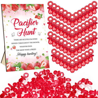 Picture of Thyle 51 Pcs Pacifier Hunt Baby Shower Games Include Pacifier Hunt Sign and 50 Acrylic Pacifiers for Baby Shower Game Decoration Gift Sets Gender Reveal Party Decor(Strawberry)