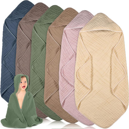Picture of Peryiter 6 Pcs Muslin Hooded Baby Towels,32"x 32" Cotton Newborn Bath Towel Muslin Infant Baby Towels Absorbent Unisex Hooded Blankets,Newborn Registry Baby Gift for Girls Boys (Brown)