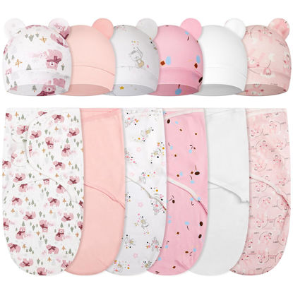 Picture of Ramede 6 Pack Baby Swaddle Blanket with Hats Sleep Swaddle for 0-3 Months Newborn Sacks Soft Cotton Wearable for Baby Boy Girl Sleeping(Pink, Animal)