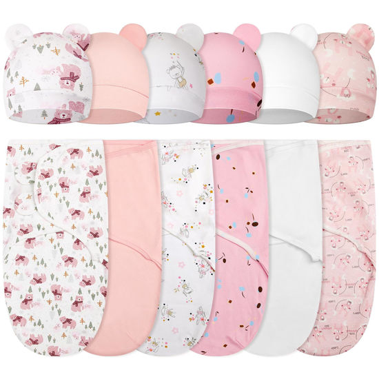 Picture of Ramede 6 Pack Baby Swaddle Blanket with Hats Sleep Swaddle for 0-3 Months Newborn Sacks Soft Cotton Wearable for Baby Boy Girl Sleeping(Pink, Animal)