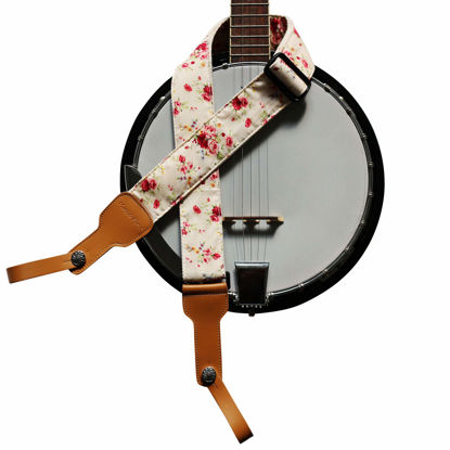 Picture of MUSIC FIRST Original Design, 2 inch width (5cm), “Rosa Multiflora in Cream” Muslin & Genuine Leather Delux Banjo Strap, With 2 pieces of MUSIC FIRST Leather Strap Locker. (Rosa Multiflora in Cream)