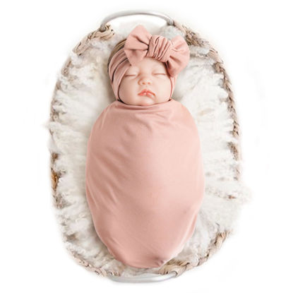 Picture of Konssy Baby Girl Newborn Receiving Blanket with Headband Set Baby Swaddle Nursery Swaddle Wrap