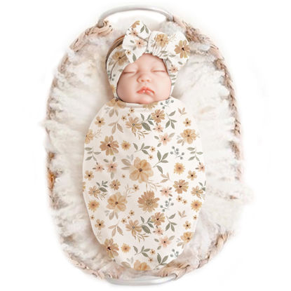 Picture of Konssy Baby Girl Newborn Receiving Blanket with Headband Set Baby Swaddle Nursery Swaddle Wrap