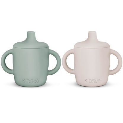 Picture of KIDSco. Silicone Sippy Cup and Training Cup for Baby 6 months+ Soft Spout and Handles Unbreakable Easy Grip for Babies 6-12 months and Toddlers 1-3 years 5oz/150ml (2-pack Sandy Shore and Green)