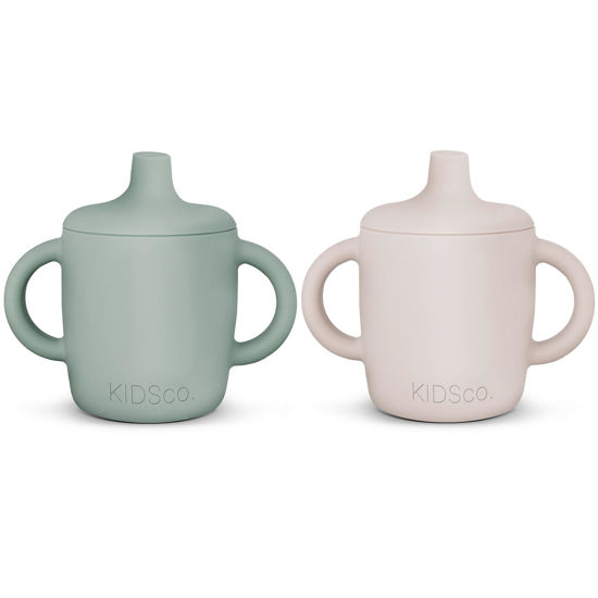 Picture of KIDSco. Silicone Sippy Cup and Training Cup for Baby 6 months+ Soft Spout and Handles Unbreakable Easy Grip for Babies 6-12 months and Toddlers 1-3 years 5oz/150ml (2-pack Sandy Shore and Green)