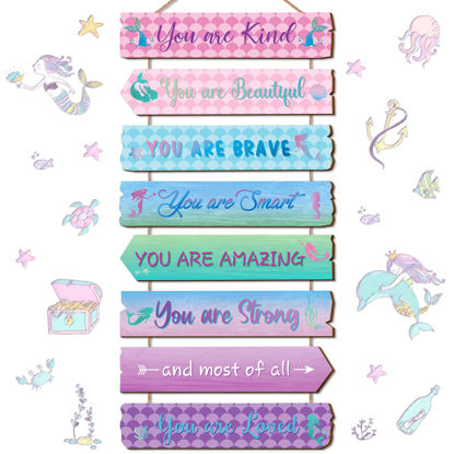 Picture of Qunclay Inspirational Girl Room Decor Aesthetic Art Wall Hanging Sign Inspiring Colorful Rainbow Wooden Decoration for Kids Teens Toddler Boy Baby Bedroom Nursery Dorm Decor, 6-12 Years old (Mermaid)