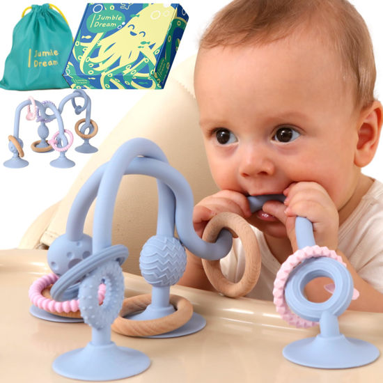 Picture of Jumble Jangle Baby Teething Toys - BPA-Free, Multi Purpose High Chair Toys for Babies: Suction Teething Relief with Sensory Toy Textures for Infants and Toddlers 0-24+ Months (Light Blue)