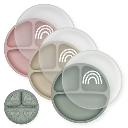 Picture of Hippypotamus Toddler Plates with Suction - 100% Food-Grade Silicone Baby Plates with Lids - Microwave & Dishwasher Safe - BPA Free - Set of 3 (Sage/Blush/Nude with LIDS)