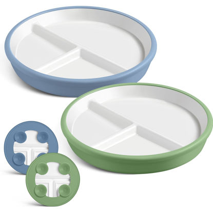 Picture of Domensi 8 Inch Porcelain Kids Plates with Anti-slip Silicone Sleeve White Divided Porcelain Plates with Suction for Toddler Microwave & Dishwasher Friendly(Dark Blue, Dark Green,2 Pcs)
