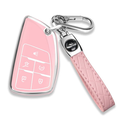 Picture of QBUC for Chevy Key Fob Cover with Keychain Soft TPU Protection Case Compatible with Compatible with 2021-2024 Chevy Tahoe Suburban GMC Yukon Denali Silverado 5-Buttons(Chrome Trim Pink)