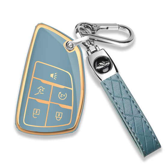 Picture of QBUC for Chevy Key Fob Cover with Keychain Soft TPU Protection Case Compatible with Compatible with 2021-2024 Chevy Tahoe Suburban GMC Yukon Denali Silverado 5-Buttons(Gold Trim Blue)