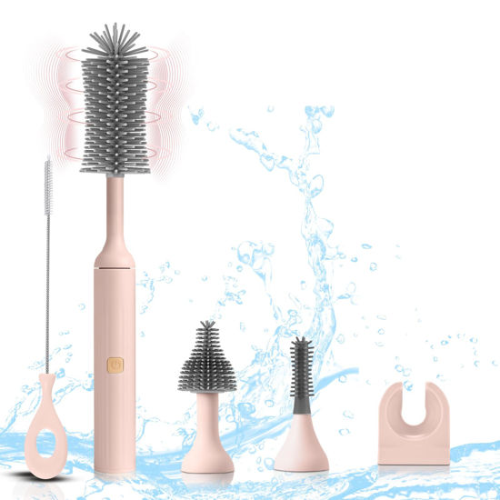 Picture of WHNL Electric Baby Bottle Brush Set with Rechargeable Electric Bottle Brush Cleaner and Replaceable Silicone Bottle Brushes and Straw Brush Cleaner, Waterproof Multi-Purpose Cleaning Brush(Pink)