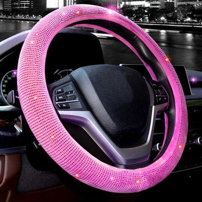 Picture of Valleycomfy Steering Wheel Cover for Women Bling Bling Crystal Diamond Sparkling Car SUV Wheel Protector Universal Fit 15 Inch (Rose,Standard Size(14" 1/2-15" 1/4))
