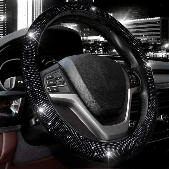 Picture of Valleycomfy Steering Wheel Cover for Women 15 1/2 inches-16 inches Bling Bling Crystal Diamond Sparkling for F150 F250 F350 Ram 4Runner Tacoma Tundra Range Rover (Black with Black Diamond)