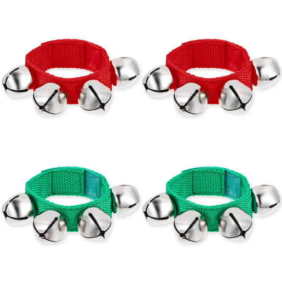 Picture of JJUNW 4 PCS Wrist Bells, Percussion Instruments, Jingle Bells Christmas Musical Rhythm Wrist Shaking Percussion Orchestra Rattles, for Kids Party Christmas Decor Dance Band Performance (Red+Green)