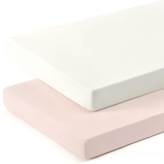 Picture of GRSSDER Mini Crib Sheets Fitted, Pack and Play Sheets 2 Pack, Ultra Soft Stretchy Pack N Play Sheets, Universal Fit for Playard Mattress, Jersey Crib Sheets for Boys and Girls, Cream/Pink
