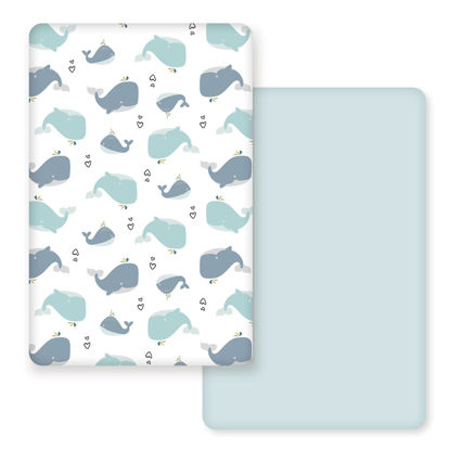 Picture of GRSSDER Stretchy Ultra Soft Jersey Knit Fitted Pack n Play Sheets Set 2 Pack, Portable/Mini Cribs Playards Sheets, Universal Fitted Pack and Play Mattress Sheets, Lovely Whale for Girls and Boys