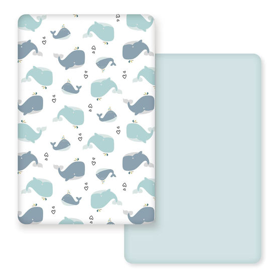 Picture of GRSSDER Stretchy Ultra Soft Jersey Knit Fitted Pack n Play Sheets Set 2 Pack, Portable/Mini Cribs Playards Sheets, Universal Fitted Pack and Play Mattress Sheets, Lovely Whale for Girls and Boys