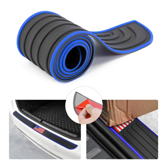 Picture of 8sanlione Car Rear Bumper Protector Guard, Anti-Scratch Abrasion Rubber Trunk Door Entry Sill Guard, Non-Slip Vehicle Trim Cover Protection Strip, Car Accessories (Blue Edge/Red Flag/35.4"x2.7")