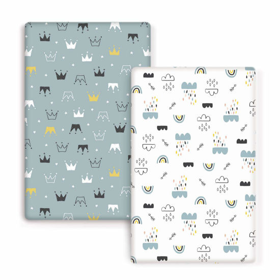 Picture of GRSSDER Stretchy Ultra Soft Jersey Knit Fitted Pack n Play Playard Sheets Set 2 Pack，Portable/Mini Crib Sheets, Crown and Cloud for Girls and Boys