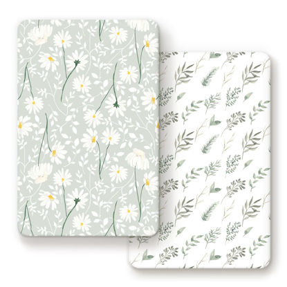 Picture of GRSSDER Stretchy Ultra Soft Jersey Knit Fitted Pack n Play Sheets Set 2 Pack, Universal Fitted Portable Pack and Play/Mini Cribs Sheets for Girls, Stylish Watercolor Daisy Flower