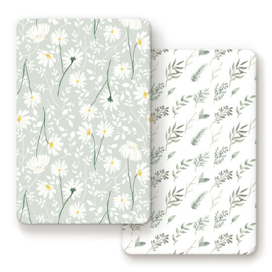 Picture of GRSSDER Stretchy Ultra Soft Jersey Knit Fitted Pack n Play Sheets Set 2 Pack, Universal Fitted Portable Pack and Play/Mini Cribs Sheets for Girls, Stylish Watercolor Daisy Flower