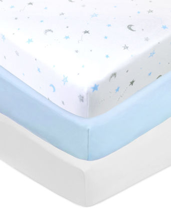 Picture of American Baby Company 3 Pack Printed 100% Cotton Jersey Knit Fitted Crib Sheet for Standard Crib and Toddler Mattresses, Blue Stars/Blue/White, for Boys and Girls