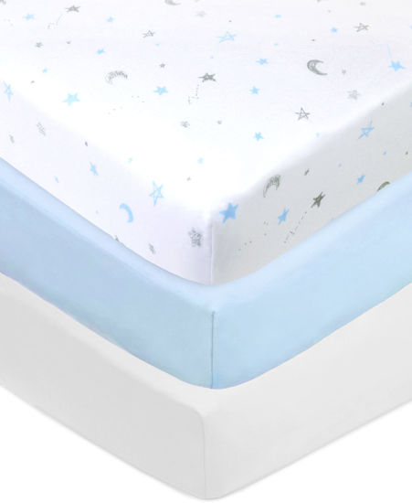 Picture of American Baby Company 3 Pack Printed 100% Cotton Jersey Knit Fitted Crib Sheet for Standard Crib and Toddler Mattresses, Blue Stars/Blue/White, for Boys and Girls