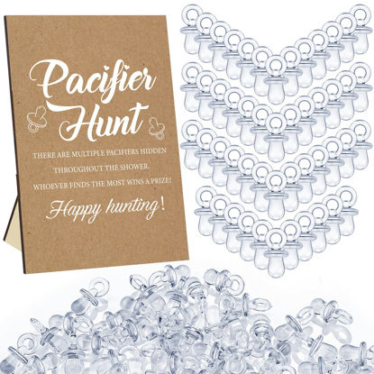 Picture of Thyle 51 Pcs Pacifier Hunt Baby Shower Games Include Pacifier Hunt Sign and 50 Acrylic Pacifiers for Baby Shower Game Decoration Gift Sets Gender Reveal Party Decor(Kraft)