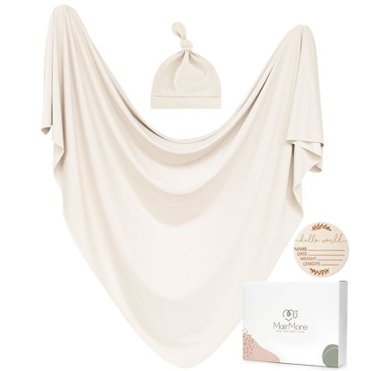 Picture of Baby Swaddle Receiving Blankets with Matching Beanie Set Newborn Nursery Swaddle Wrap for Baby Girls and Boys (Apricot)