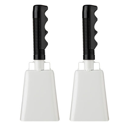Picture of Cowbells 2pcs,Steel Cow Bell 8 inch with Handle,Cheering Hand Bell for Sports Events,Football Games,Party,Farm,Hand Chimes Percussion Musical Instruments. (8 inch, White)