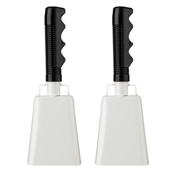 Picture of Cowbells 2pcs,Steel Cow Bell 8 inch with Handle,Cheering Hand Bell for Sports Events,Football Games,Party,Farm,Hand Chimes Percussion Musical Instruments. (8 inch, White)