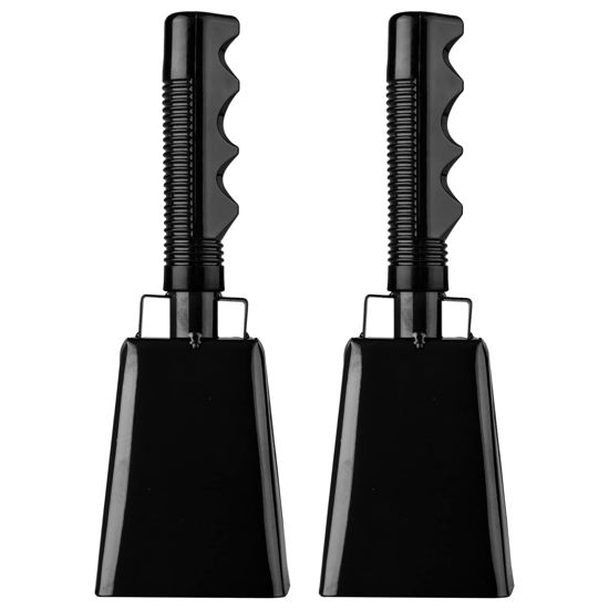 Picture of Cowbells 2pcs,Steel Cow Bell 8 inch with Handle,Cheering Hand Bell for Sports Events,Football Games,Party,Farm,Hand Chimes Musical Instruments (8 inch, Black)