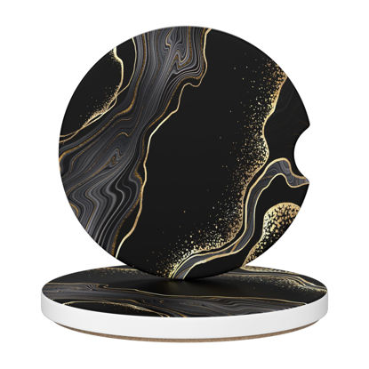 Picture of Car Cup Holder Coaster, Car Coasters for Cup holder, 2 Pack Anti Slip Insert Absorbent Ceramic Car Coaster with A Finger Notch & Cork Base, Cute Car Interior Accessories for Women(Luxury Black Marble)
