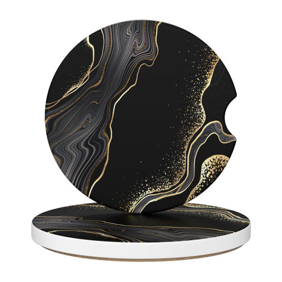 Picture of Car Cup Holder Coaster, Car Coasters for Cup holder, 2 Pack Anti Slip Insert Absorbent Ceramic Car Coaster with A Finger Notch & Cork Base, Cute Car Interior Accessories for Women(Luxury Black Marble)