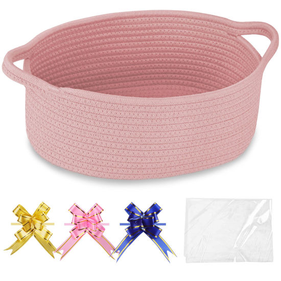 Picture of COMSE Small Woven Basket with Gift Bags and Ribbons, Gift Basket Empty, Basket for Gifts, Cotton Rope Basket for Storage, Baby Toy Basket with Handles, 12" x 8" x 5", Dusty Pink