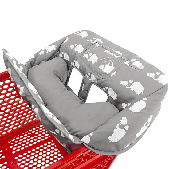 Picture of Soft Pillow Attached 2-in-1 Shopping Cart and High Chair Cover for Baby, Cotton Padded Cart Cover, Fold'n Roll Style, Portable with Carry Bag (Gray Elephant)