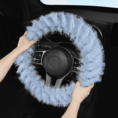 Picture of HighnessHwoo Fuzzy Winter Steering Wheel Covers for Women, Warm Cute Fluffy Car Wheel Cover for F150, Trucks, Jeep, Van, Soft Furry Auto Plush Large Car Handle Cover for Cold Weather, 15-16in, Blue
