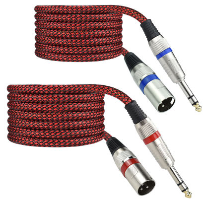 Picture of Mugteeve 1/4" TRS to XLR Male Cable Balanced - 50FT Quarter Inch Stereo to XLR Microphone Cord Adapter, Nylon Braided, OFC Shielded, Red Color, for Mixer, Monitor Speaker, Audio Interface, 2Pack