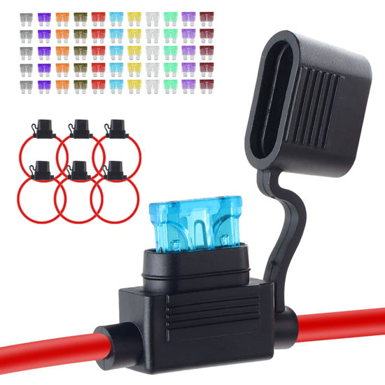 Picture of 6 Pack Inline Fuse Holder 12V, Upgraded 12 AWG Waterproof Fuse Holder with 66 Pcs Standard Car Fuses (2A/3A/5A/7.5A/10A/15A/20A/25A/30A/35A/40A), YNZDRWA in Line Fuse Holders 12v for Marine Auto