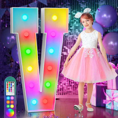 Picture of imprsv 4FT Colorful Marquee Light Up Letters V, 18 Colors Light Up Letters Alphabet Sign with Remote, One Letters First Birthday, Large Letters for Birthday Engagement Anniversary Wedding Party Decor