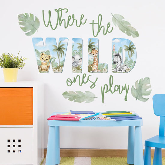 Picture of 27.95x21.65 Inches Watercolor Wild Jungle Animal Wall Decals Forest Animal Wall Stickers Removable Tiger Elephant Giraffe Wall Decals Decor for Baby's Nursery Playroom Bedroom Classroom Wall Decor