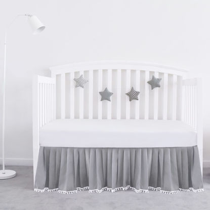 Picture of Crib Bed Skirt Grey Pleated with White Lovely Pompoms, Bedding Dust Ruffle for Baby Boys, 14" Drop, Fit All Standard Crib Bed, Machine Wahable Crib Skirt