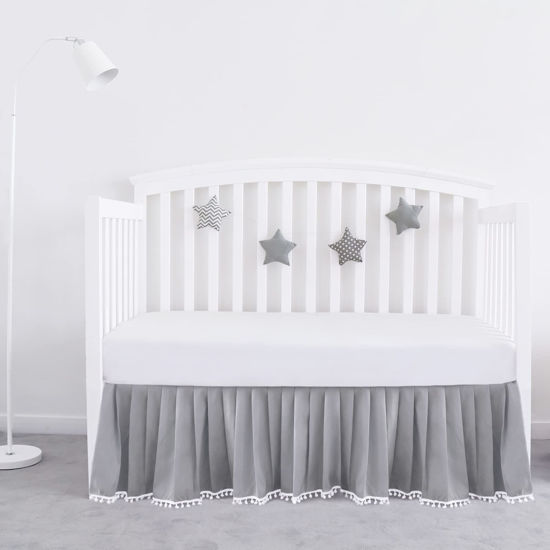 Picture of Crib Bed Skirt Grey Pleated with White Lovely Pompoms, Bedding Dust Ruffle for Baby Boys, 14" Drop, Fit All Standard Crib Bed, Machine Wahable Crib Skirt