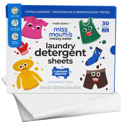 Picture of Miss Mouth's Messy Eater Laundry Detergent Sheets - Laundry Detergent, Hypoallergenic, Sensitive Skin Safe, Pediatrician and Dermatologist Tested, Fragrance Free, Travel Friendly