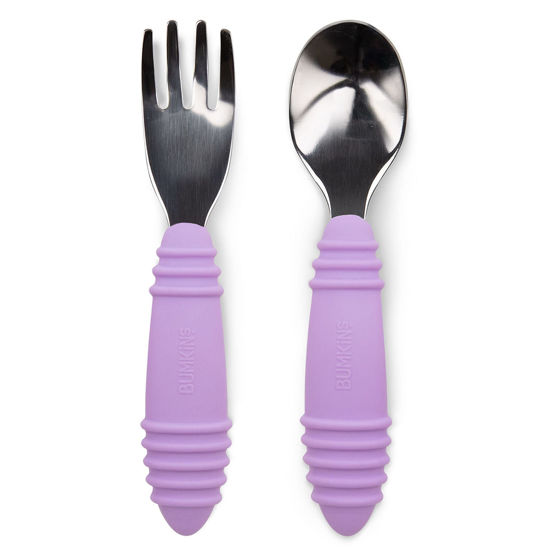 Picture of Bumkins Toddler Utensils, Kids Size Fork and Spoon Set, Silicone and Stainless-Steel Training Silverware, Angled Forks / Sporks for Self-Feeding, Children Hold Learning to Eat, 18 Months Up, Lavender