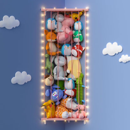 Picture of GGUO Corner Stuffed Animal Storage Toy Organizer - 2-in-1 Splice Large Stuffed Animals Holder with LED Light - Corner Kids Plushies Toys with Adjustable Length for Nursery Playroom Bedroom (Pink)