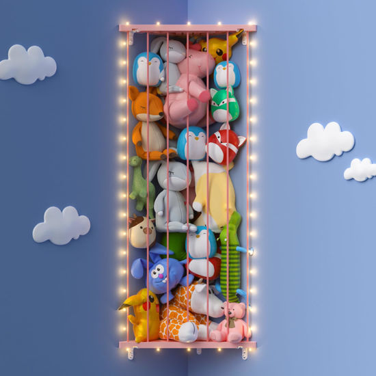 Picture of GGUO Corner Stuffed Animal Storage Toy Organizer - 2-in-1 Splice Large Stuffed Animals Holder with LED Light - Corner Kids Plushies Toys with Adjustable Length for Nursery Playroom Bedroom (Pink)
